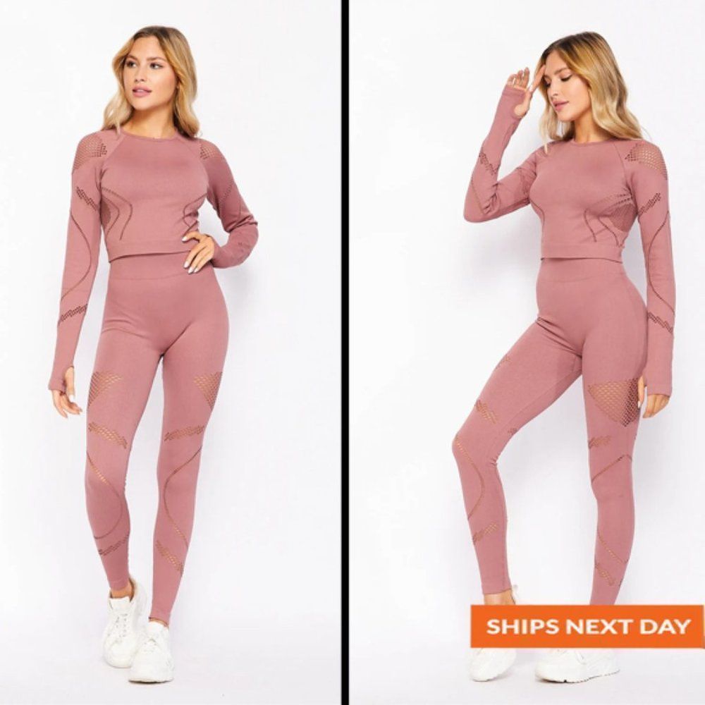 Seamless Macramé Laser Cut Long-sleeved Two Piece Sport Set - Seamless